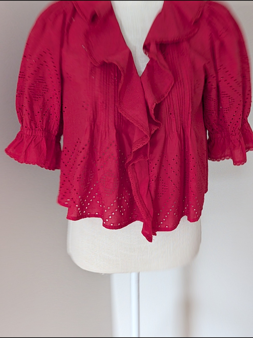 Ruffle Front Eyelet Blouse - Red